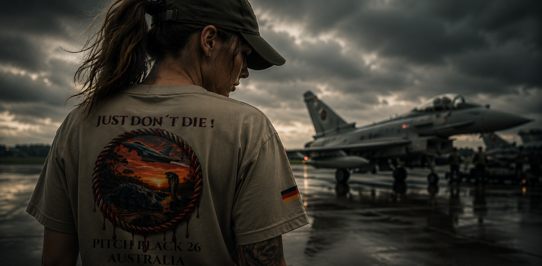 Militärische Bekleidung mit Frau im Shirt und Eurofighter im Hintergrund  Militärisches Zubehör mit Schlüsselanhänger und taktischem Hintergrund